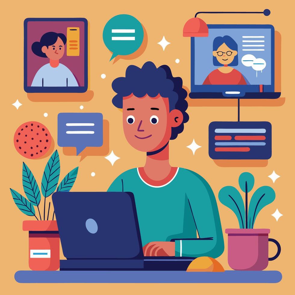 a man is working on his laptop with a group of people aroun white backgroundd him vector