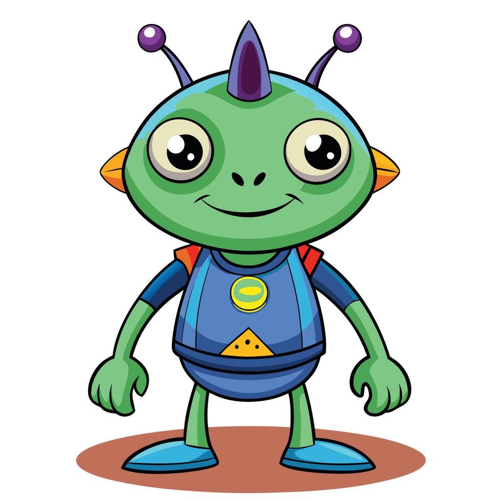 cartoon alien with blue and green clothes and a backpack white background vector