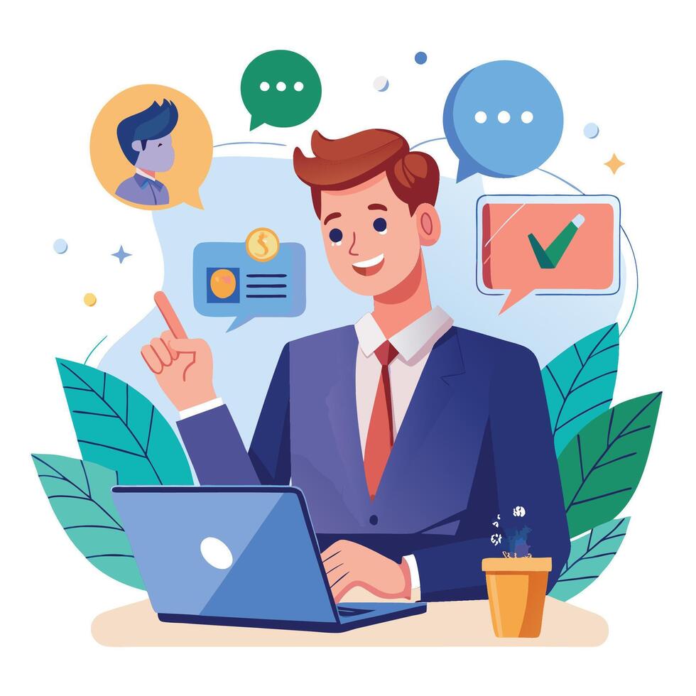businessman working on laptop with chat bubbles and spee white backgroundch bubbles vector