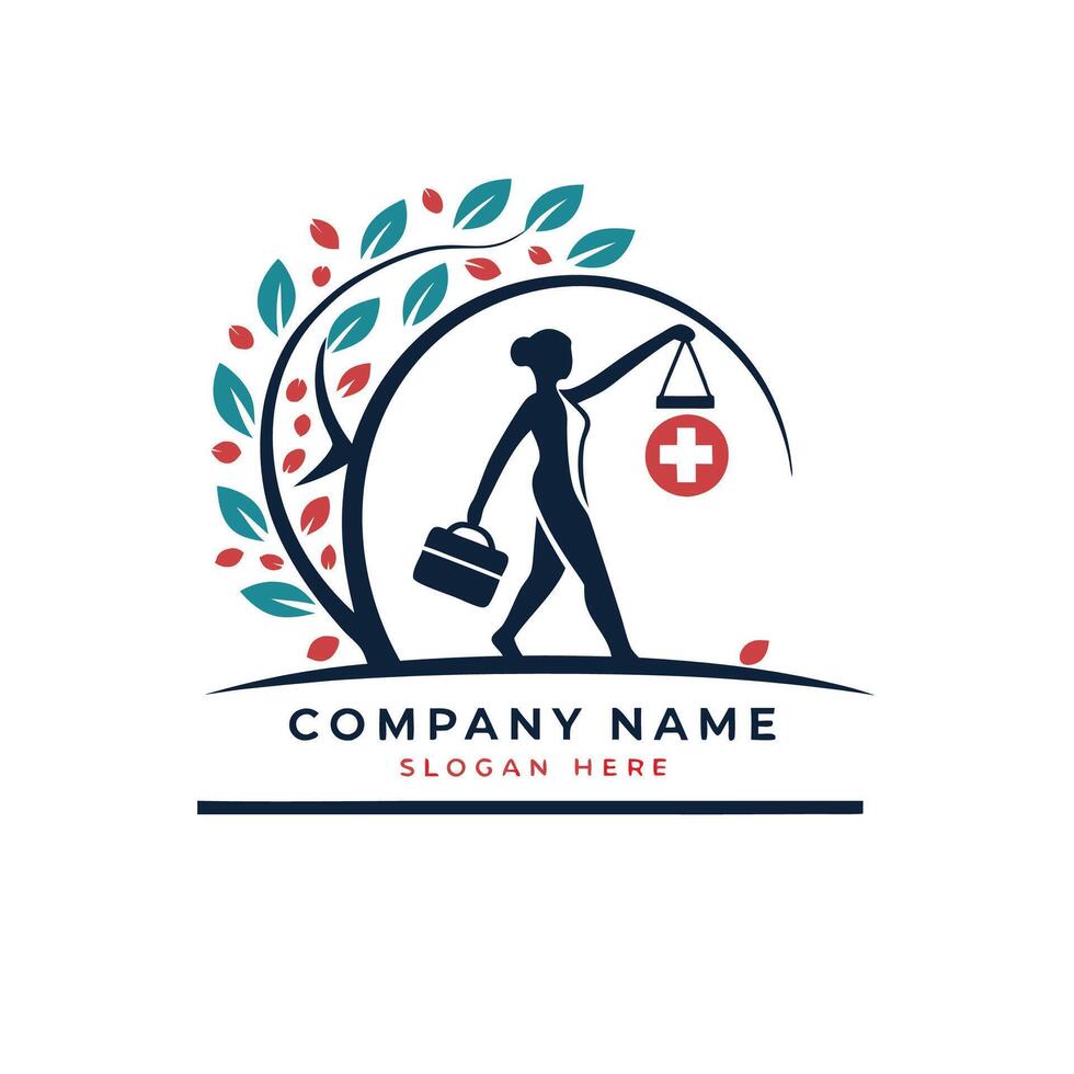 a woman carrying a medical bag with a tree logo white background vector
