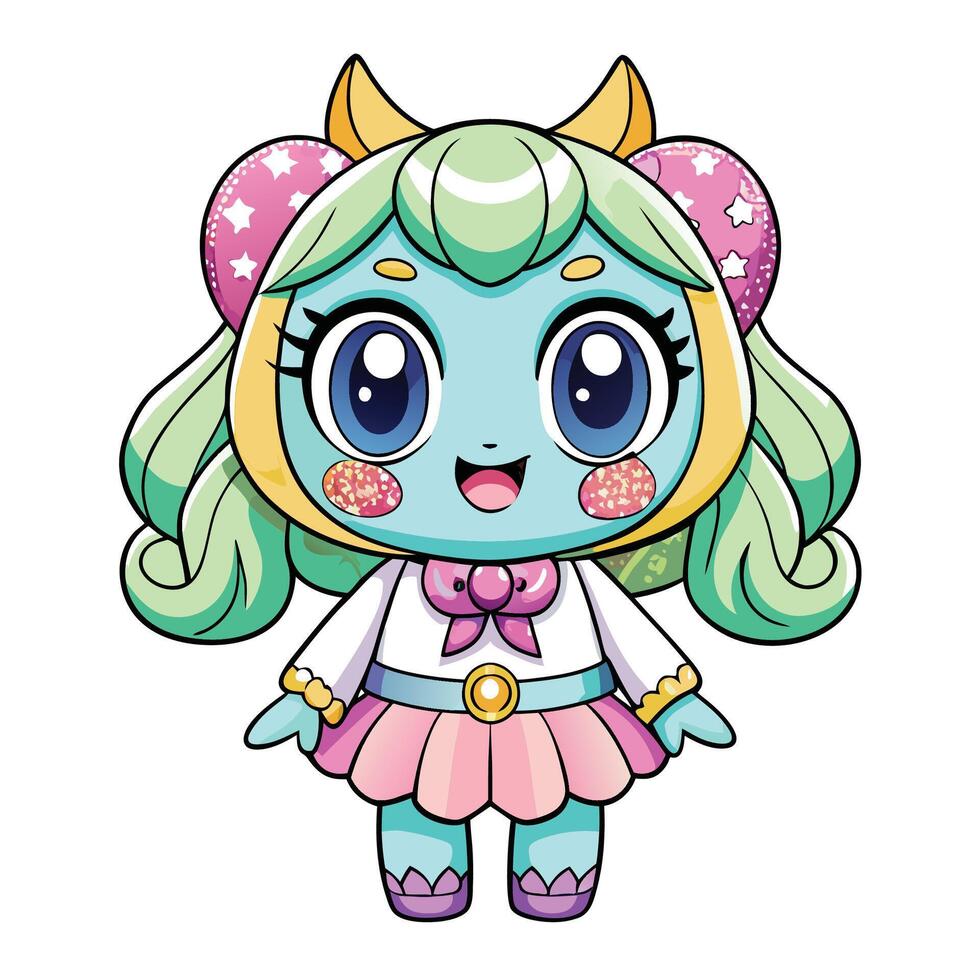 a cartoon character with green hair and pink dress white background vector