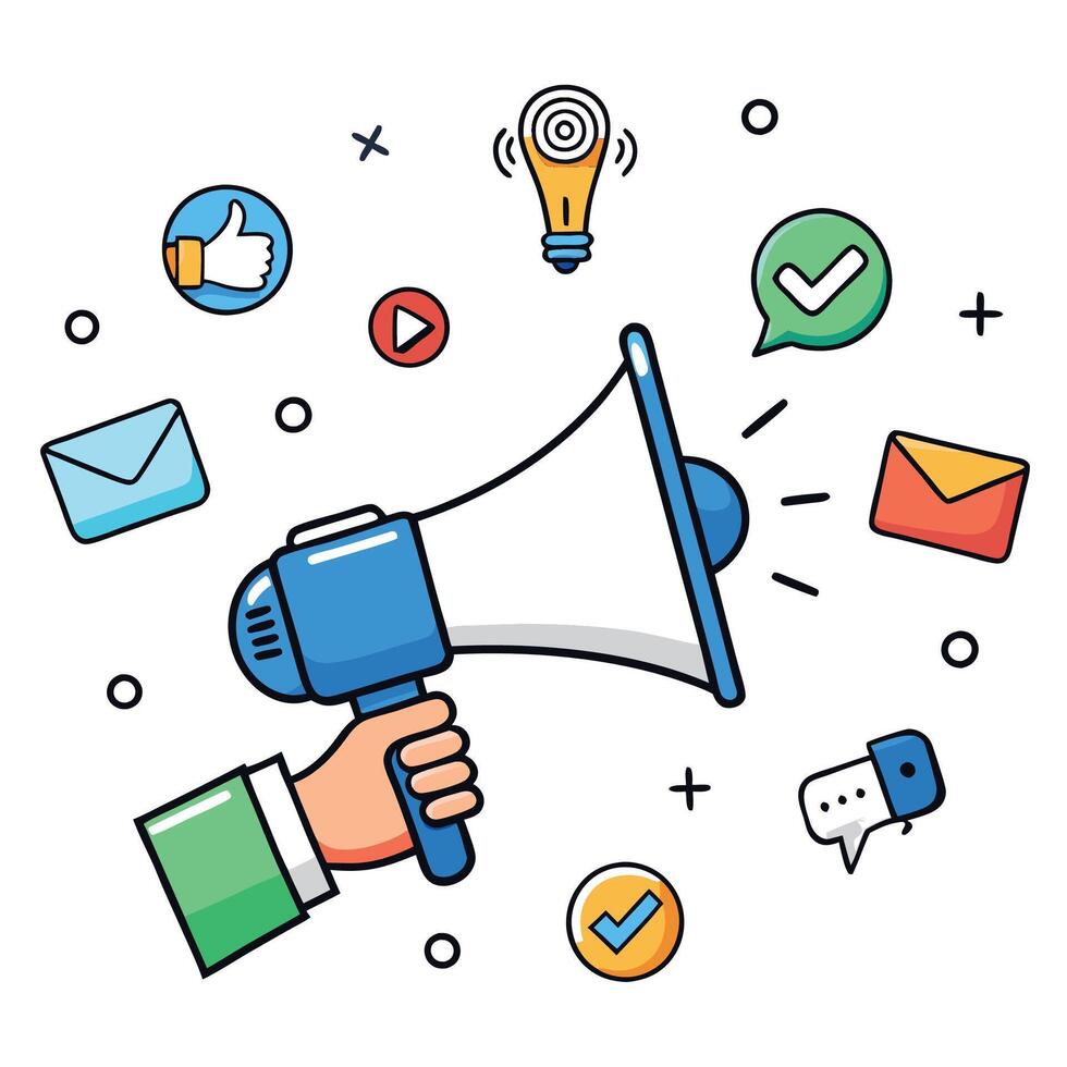 a hand holding a megaphone social icons around it white background vector