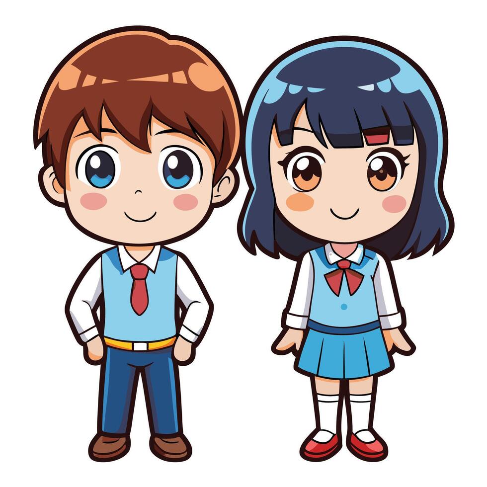two cartoon characters boy and girl in school uniforms white background vector