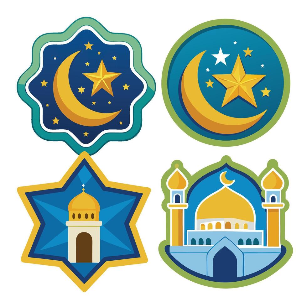 four different islamic symbols, including a mosque, star and white backgroundcrescent vector