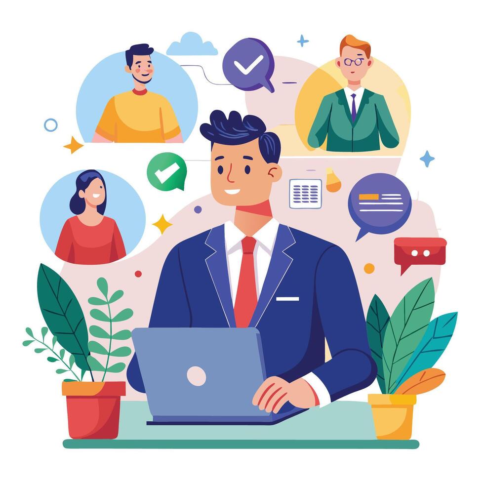 businessman working laptop with social icons around him white background vector