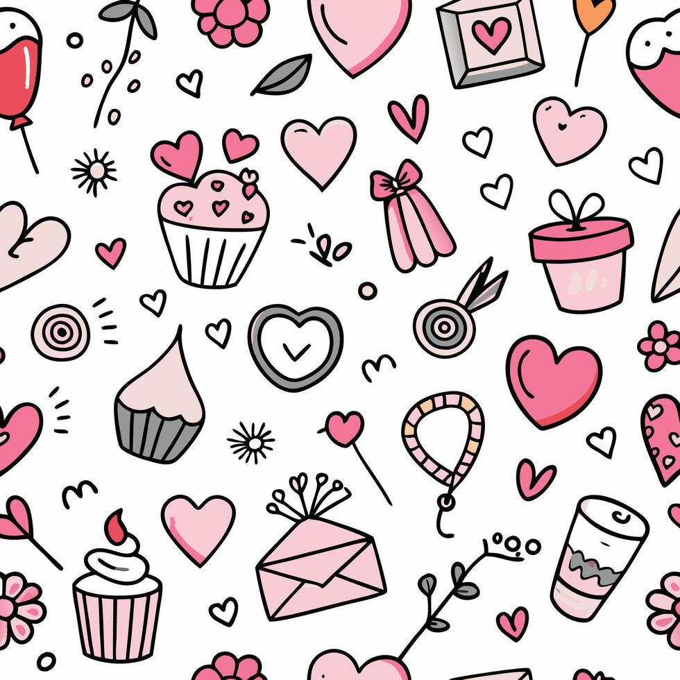 valentine's day seamless pattern with cupcakes, hearts and b white backgroundalloons vector