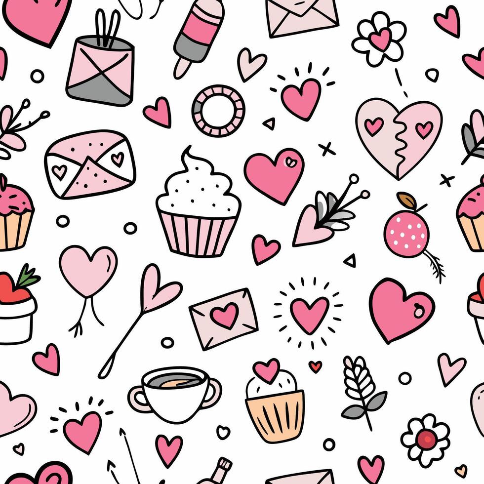 seamless pattern with hearts, cupcakes and other items white background vector