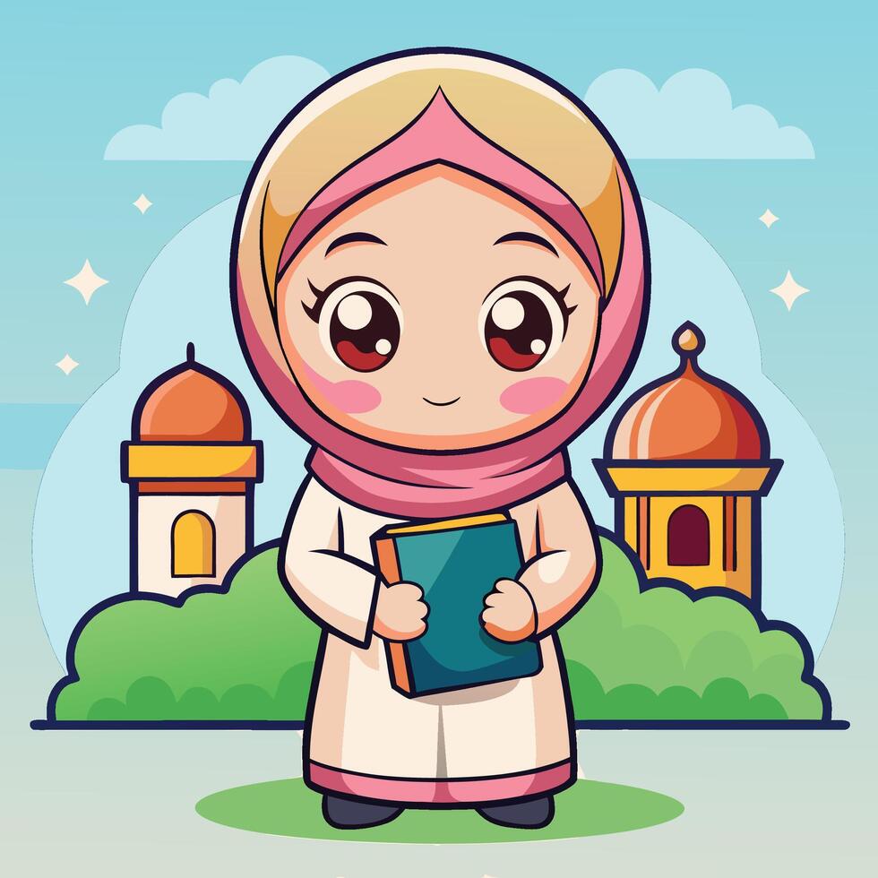 muslim girl holding a book in front of a mosque white background vector