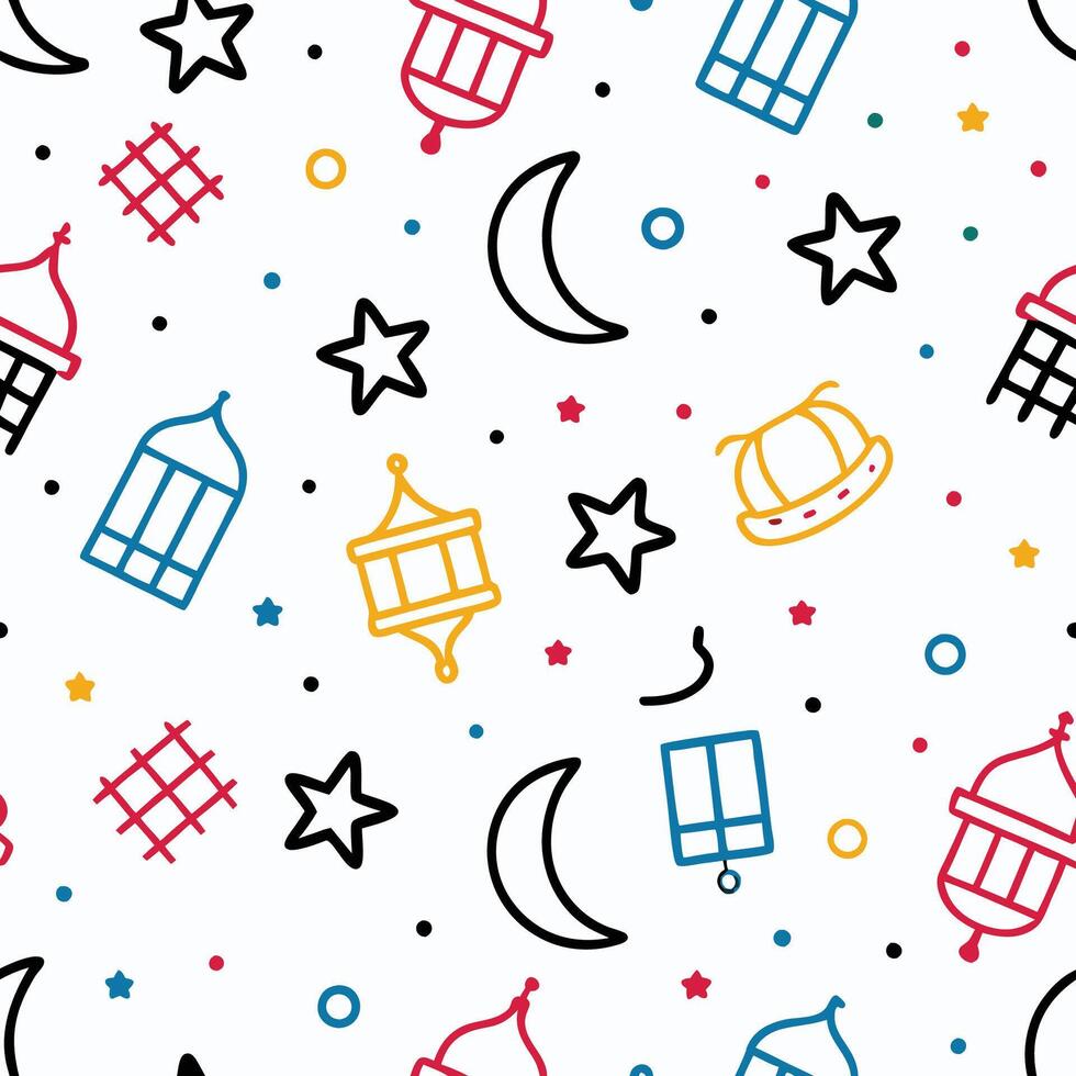 ramadan seamless pattern with colorful lanterns and stars white background vector