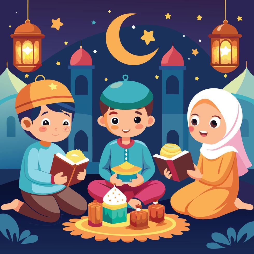 three muslim children reading books at night vector