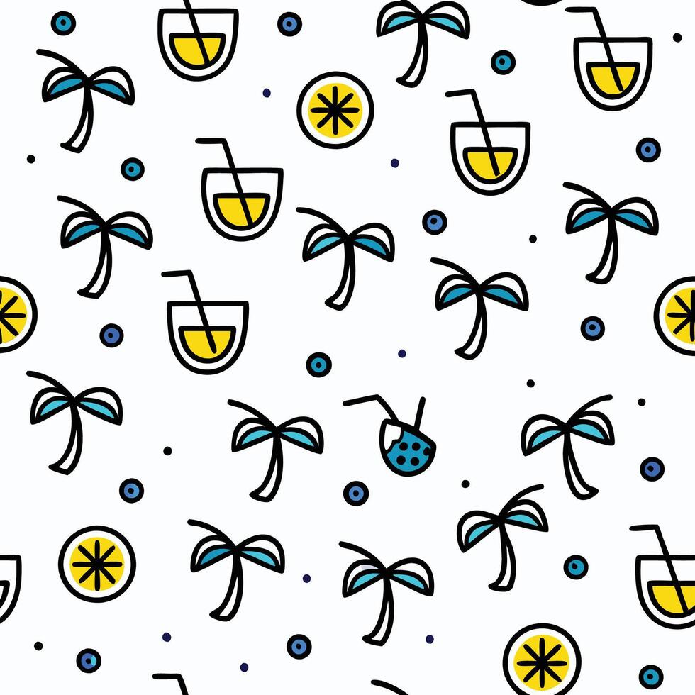 a pattern with palm trees and drinks white background vector