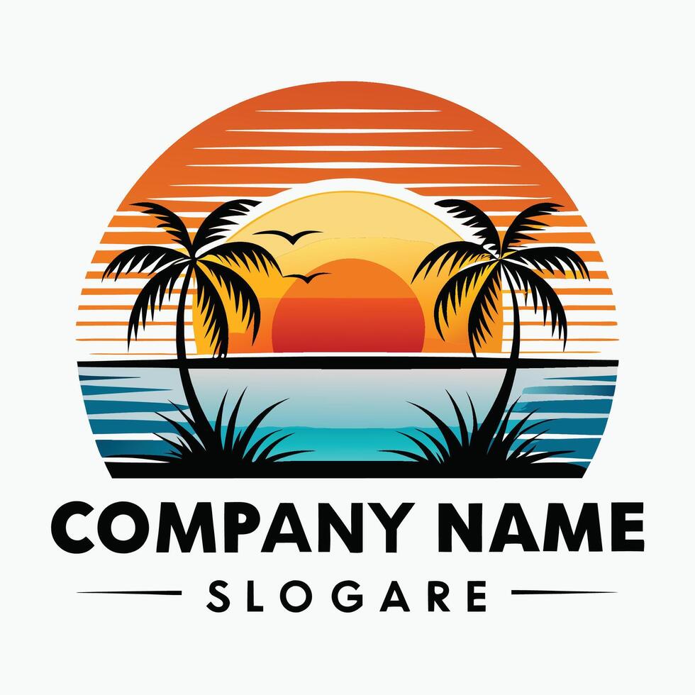 retro palm trees and sunset logo white background vector