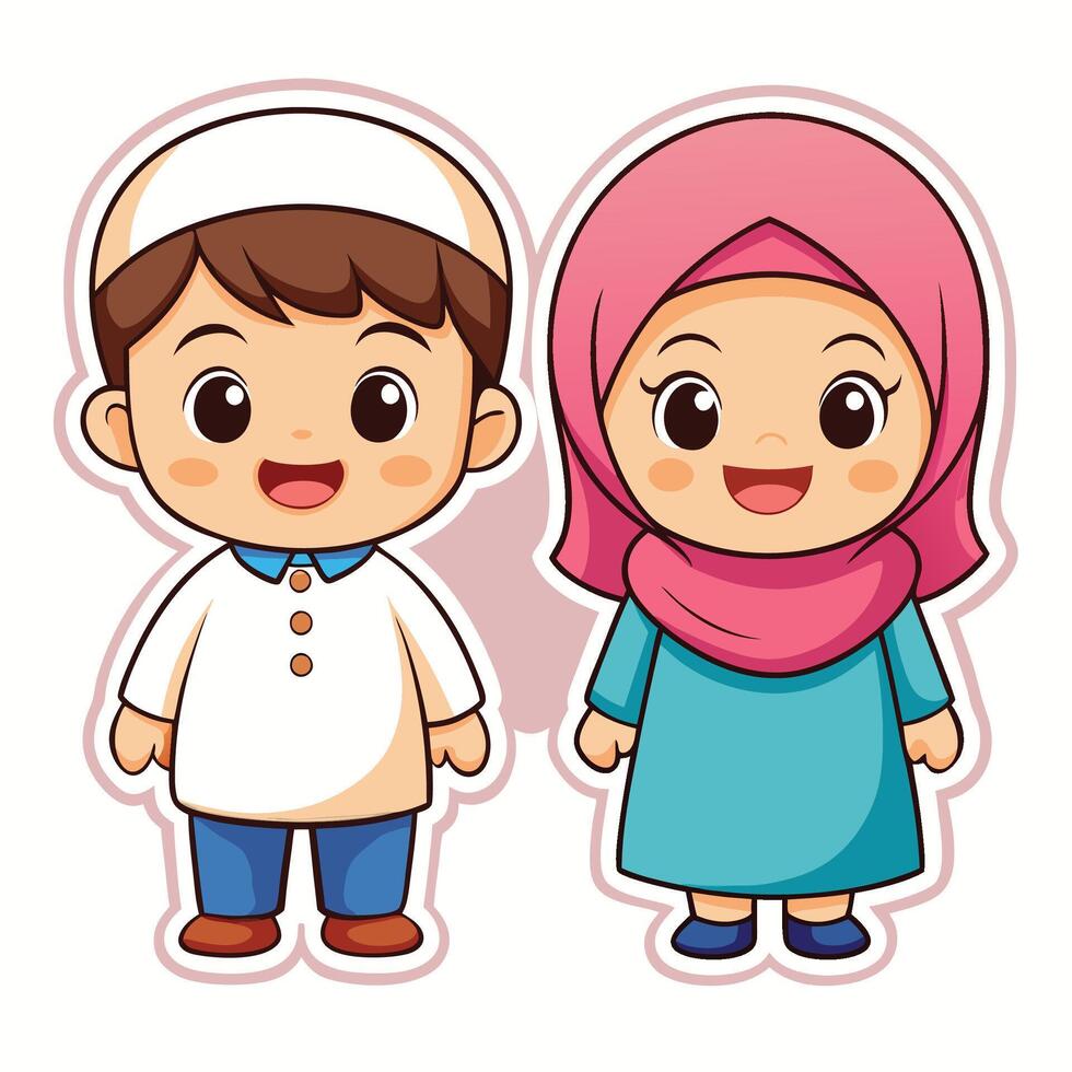 cartoon muslim boy and girl, standing next to each other white background vector