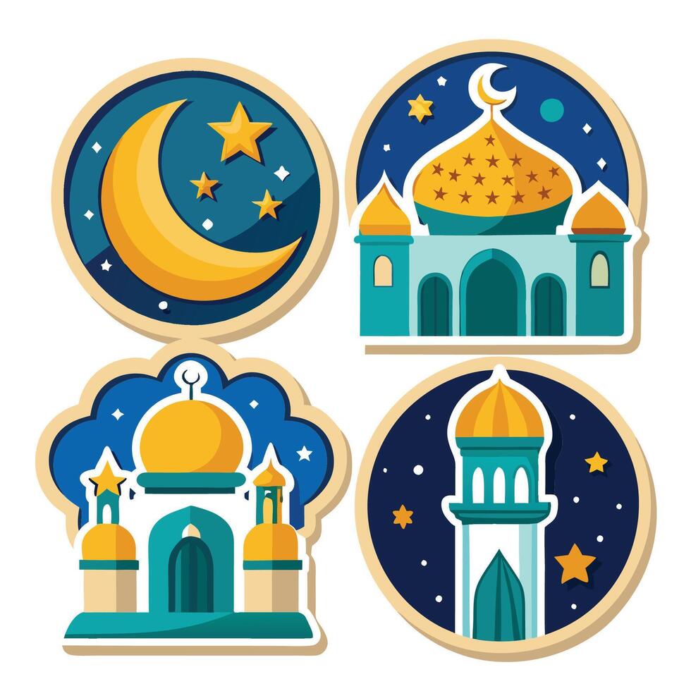 four different islamic icons, including a mosque, a crescent and a star vector