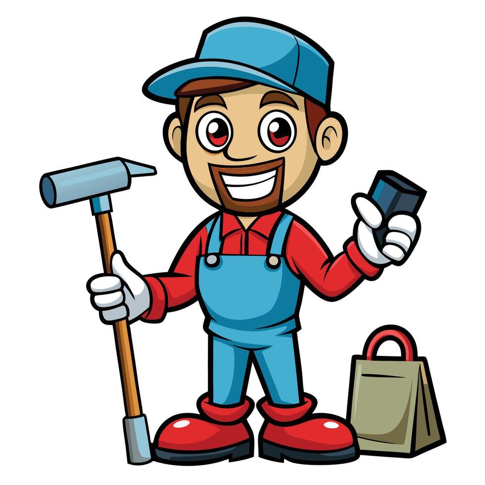 a cartoon man holding a hammer and a shopping bag vector