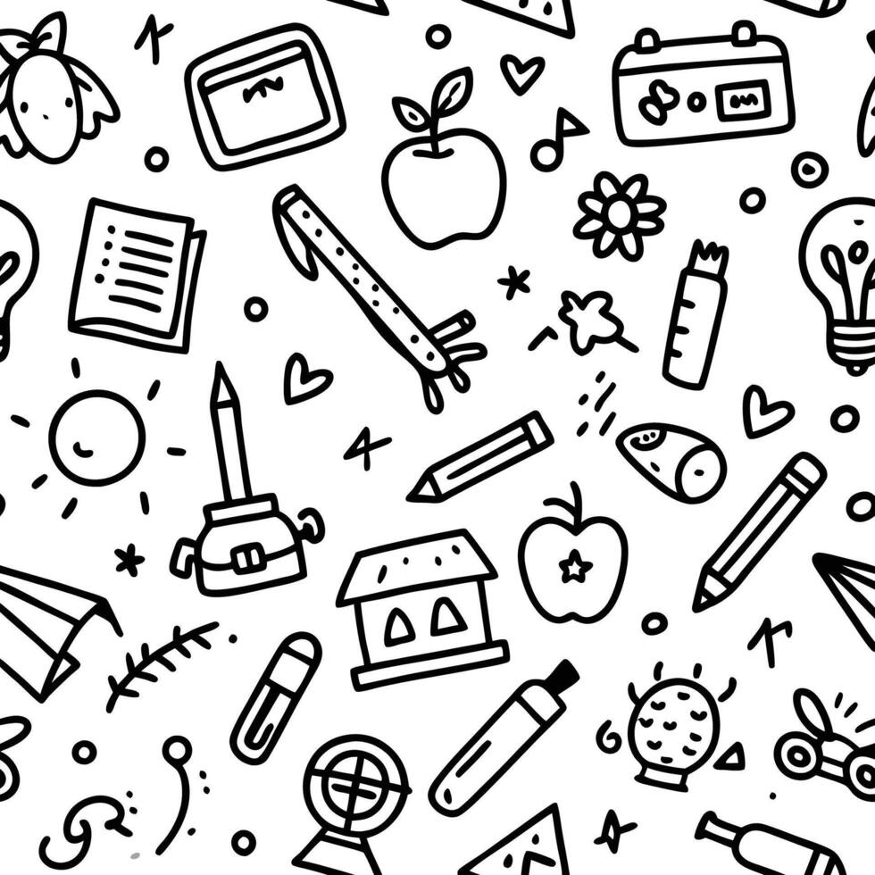 back to school seamless pattern with school supplies white background, vector