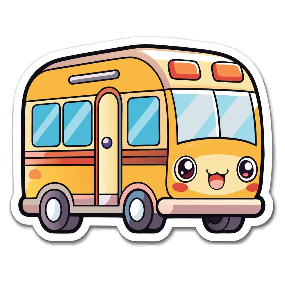 a sticker of a school bus with eyes and smile vector