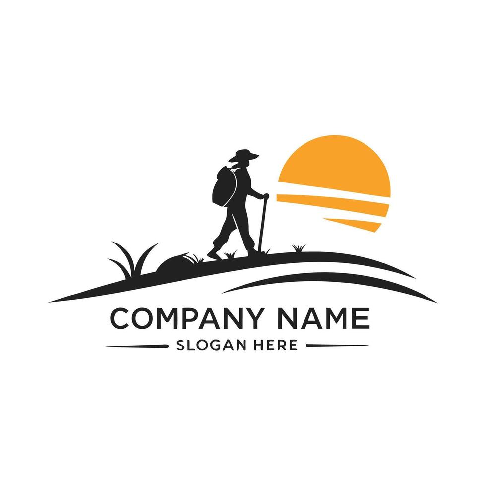 hiker walking on the hill with the sun behind him vector