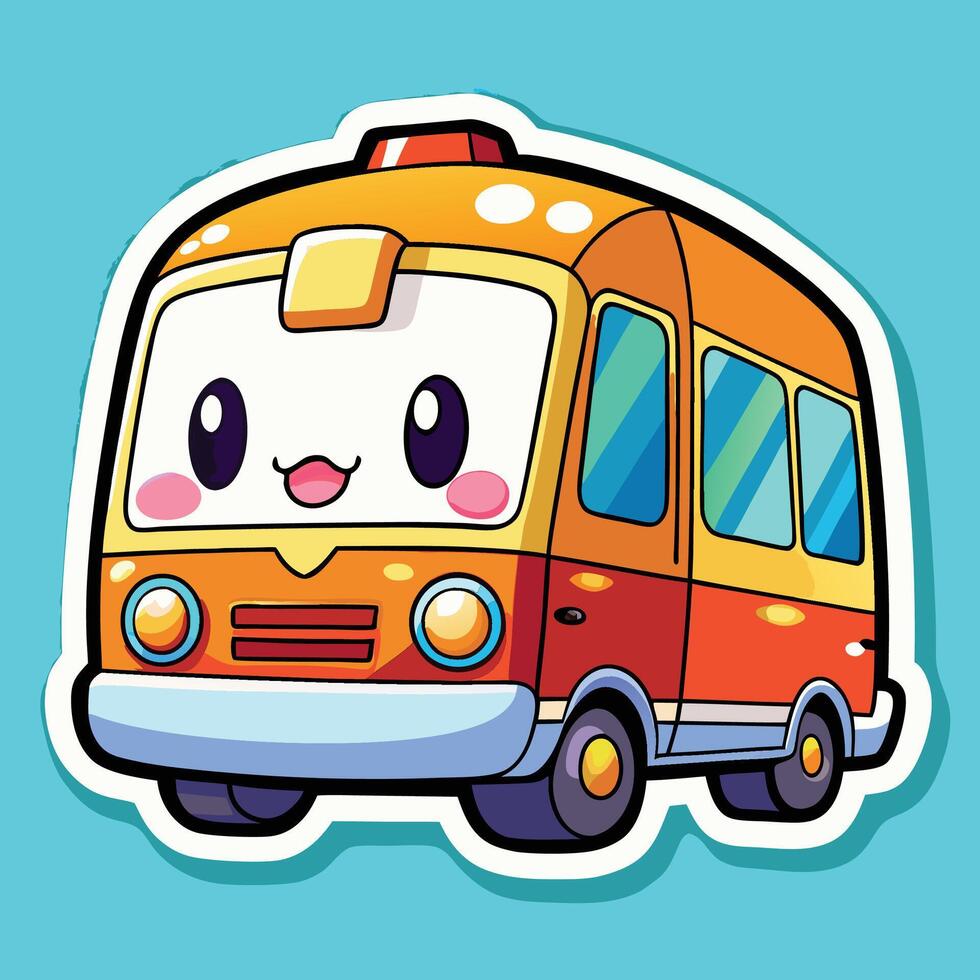 a sticker of a bus with eyes and a smile, vector