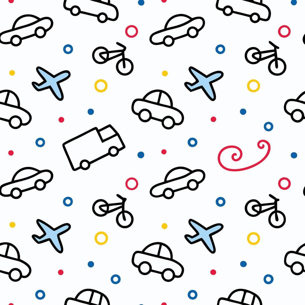 a seamless pattern with cars, planes and other objects vector