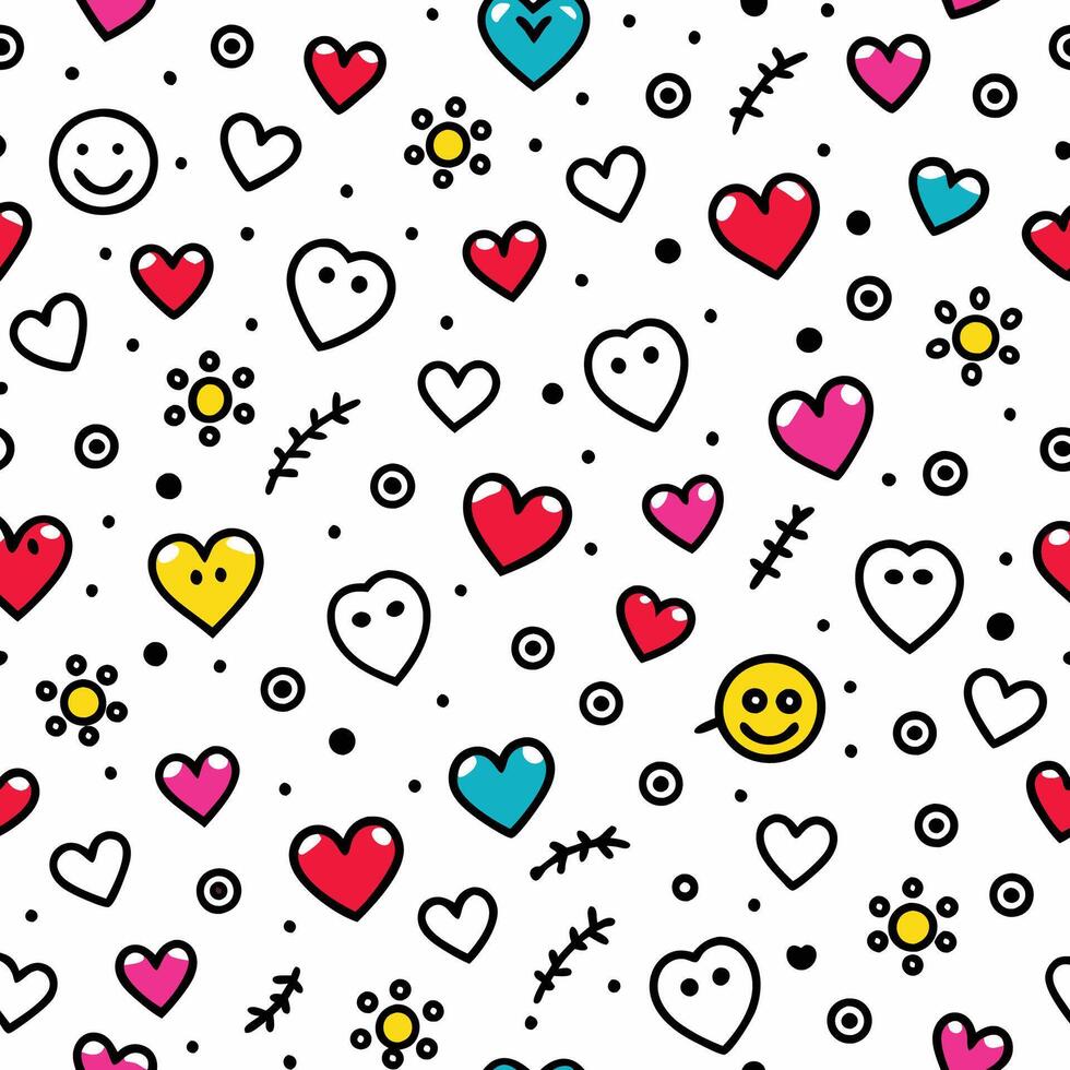 seamless pattern with hearts and smiley faces white background vector