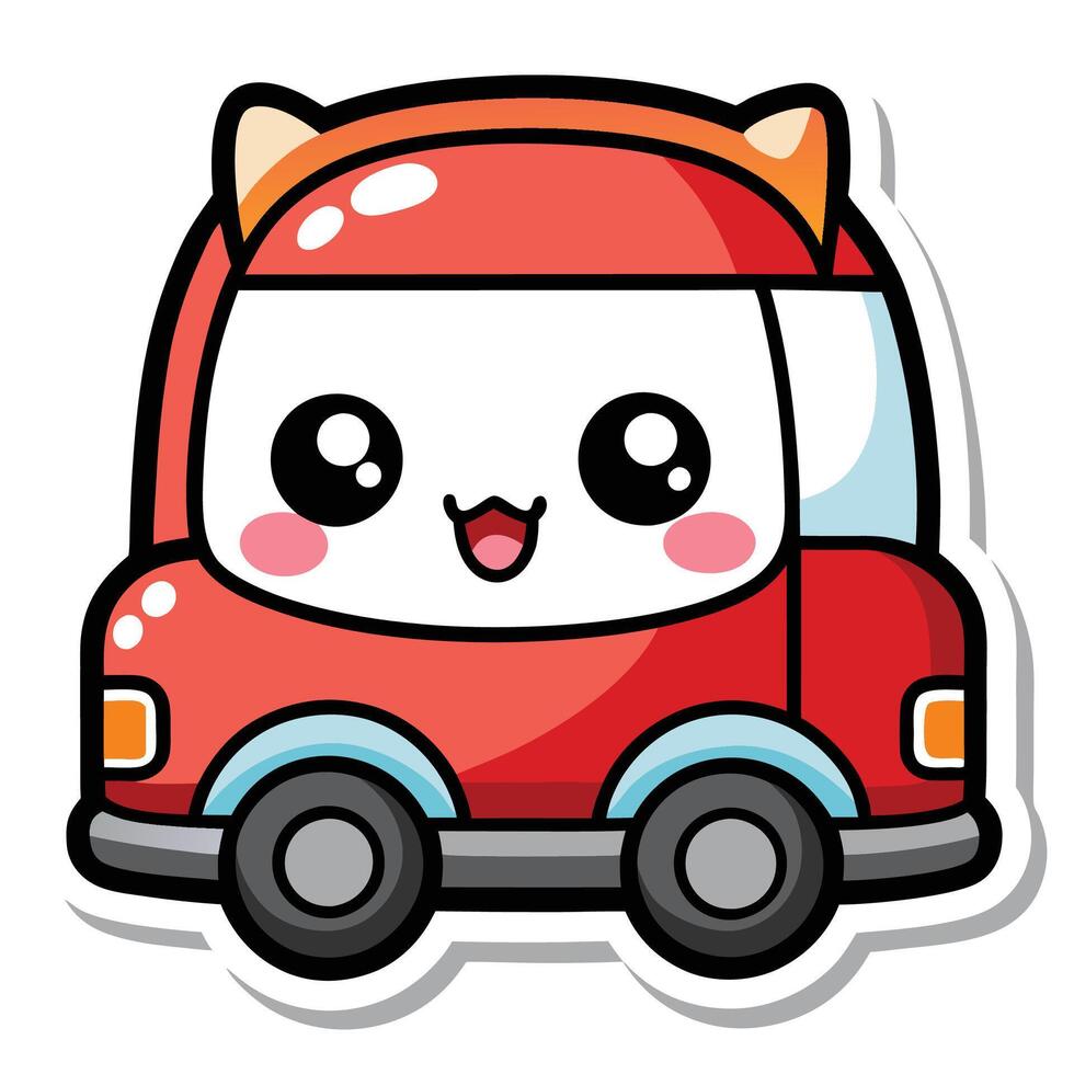 a sticker of a cute red car with eyes white background vector