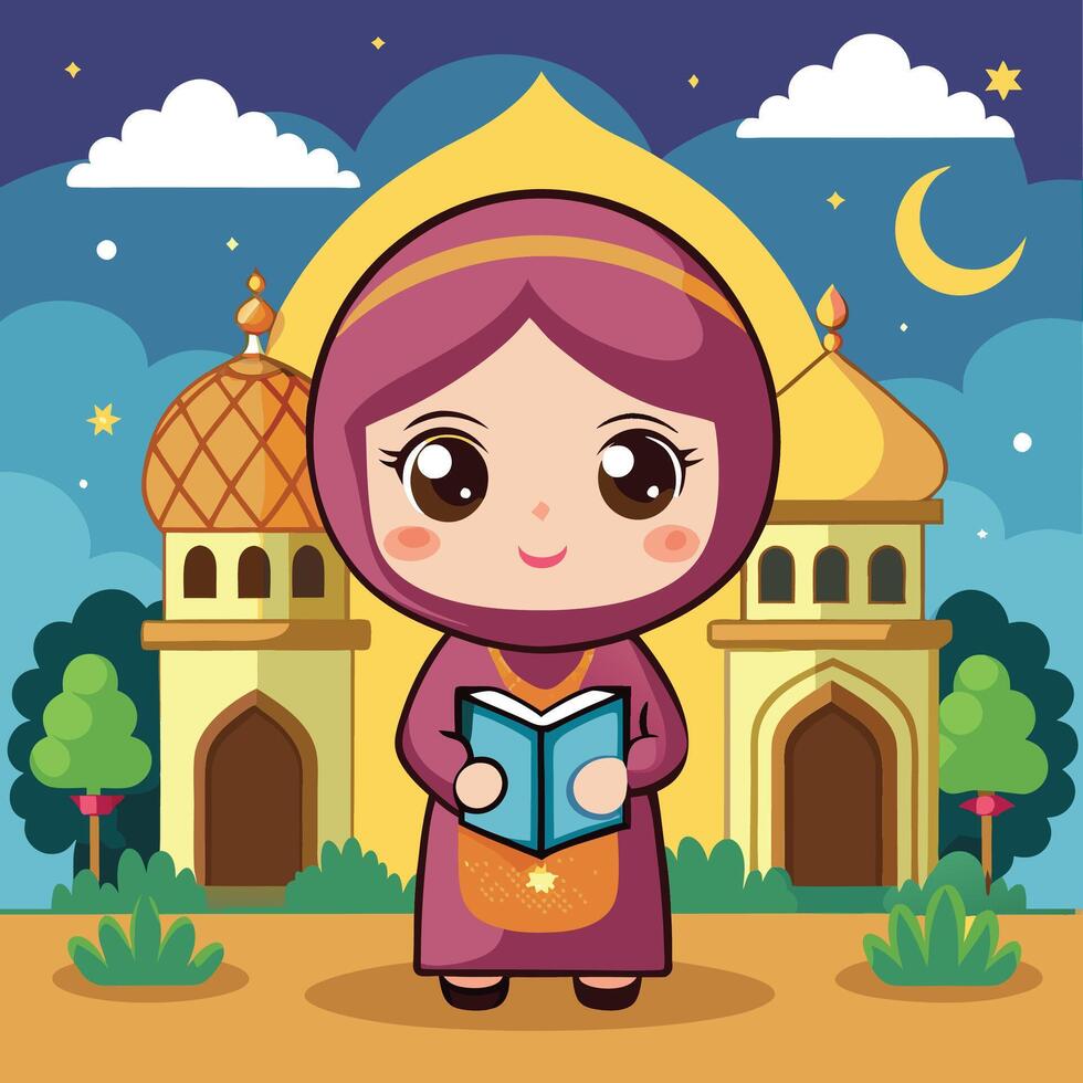 muslim girl reading book in front of mosque illustrati white backgroundon vector