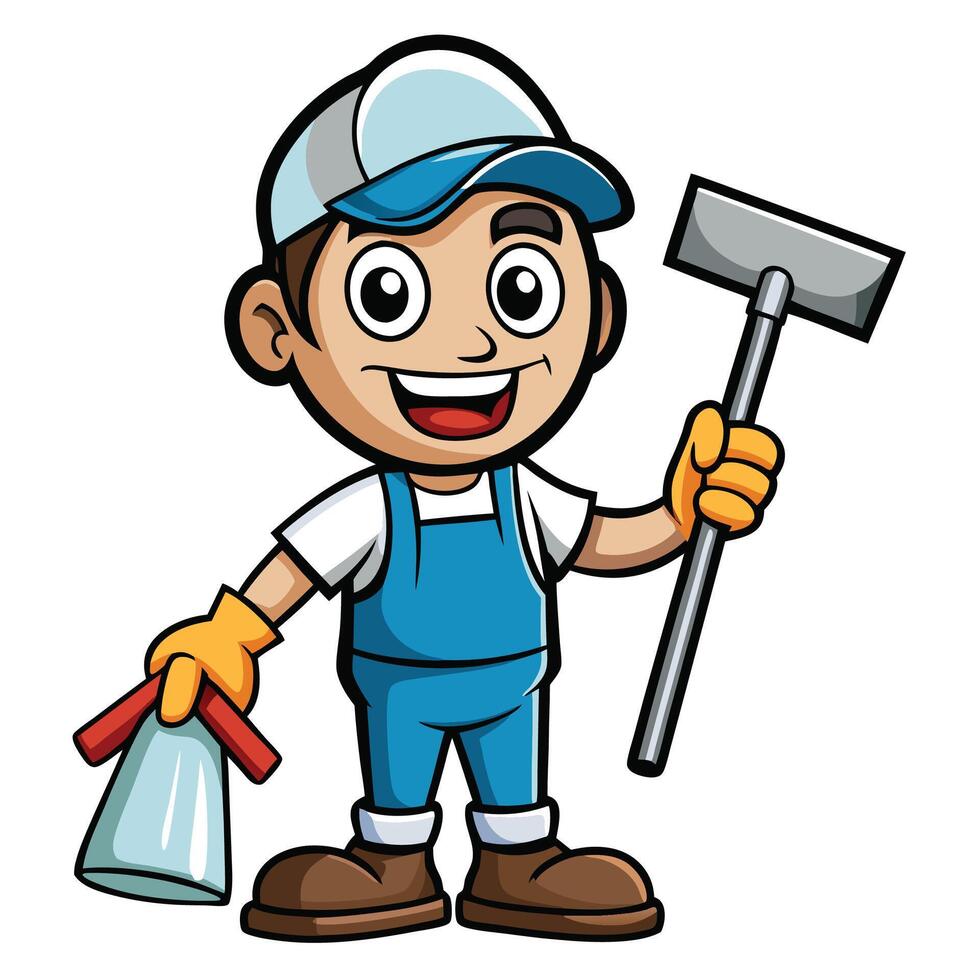 a cartoon man holding a mop and bucket vector