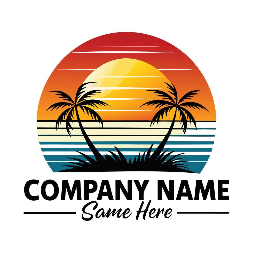 sunset logo design with palm trees white background vector