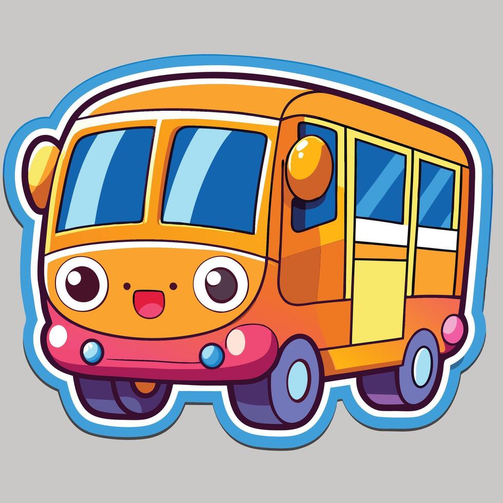 a sticker of a cartoon bus with eyes and a smile white background vector