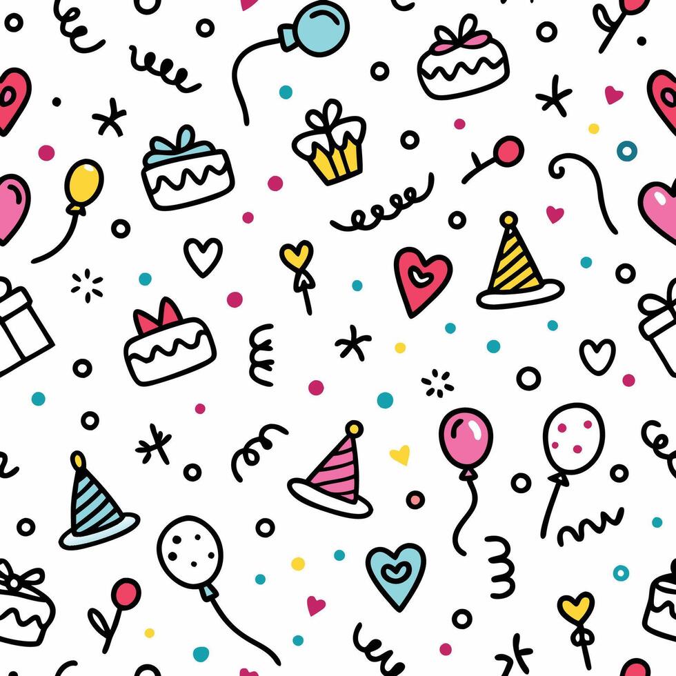 seamless birthday party pattern with balloons, confetti and other items vector