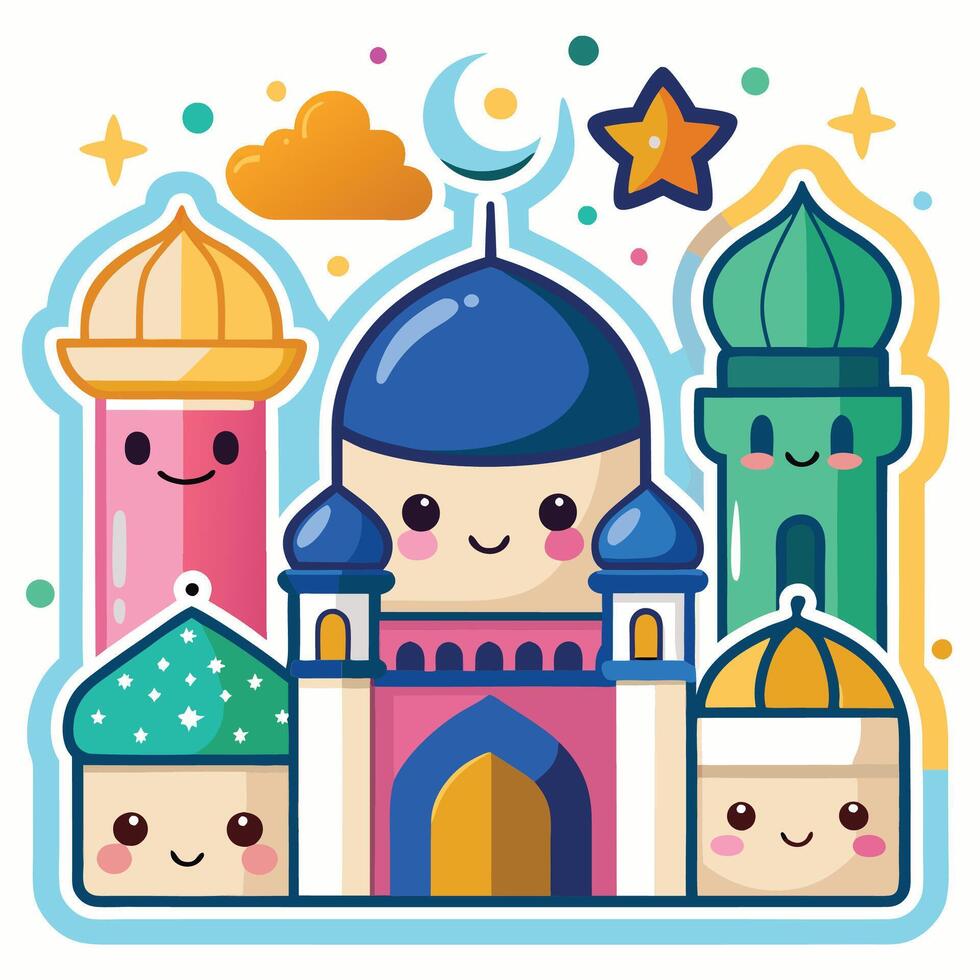 cartoon islamic mosque with stars and clouds white background vector