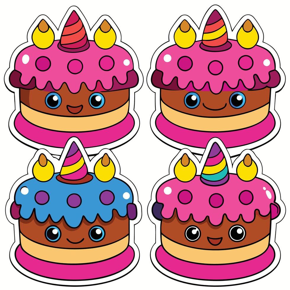 four stickers of a cake with a birthday hat white background vector