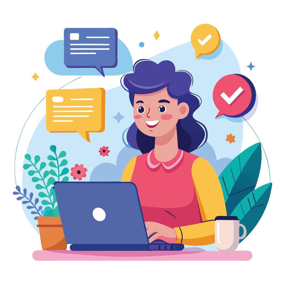 a woman is working on her laptop with chat bubbles around white background white background white background white background white background white background her vector