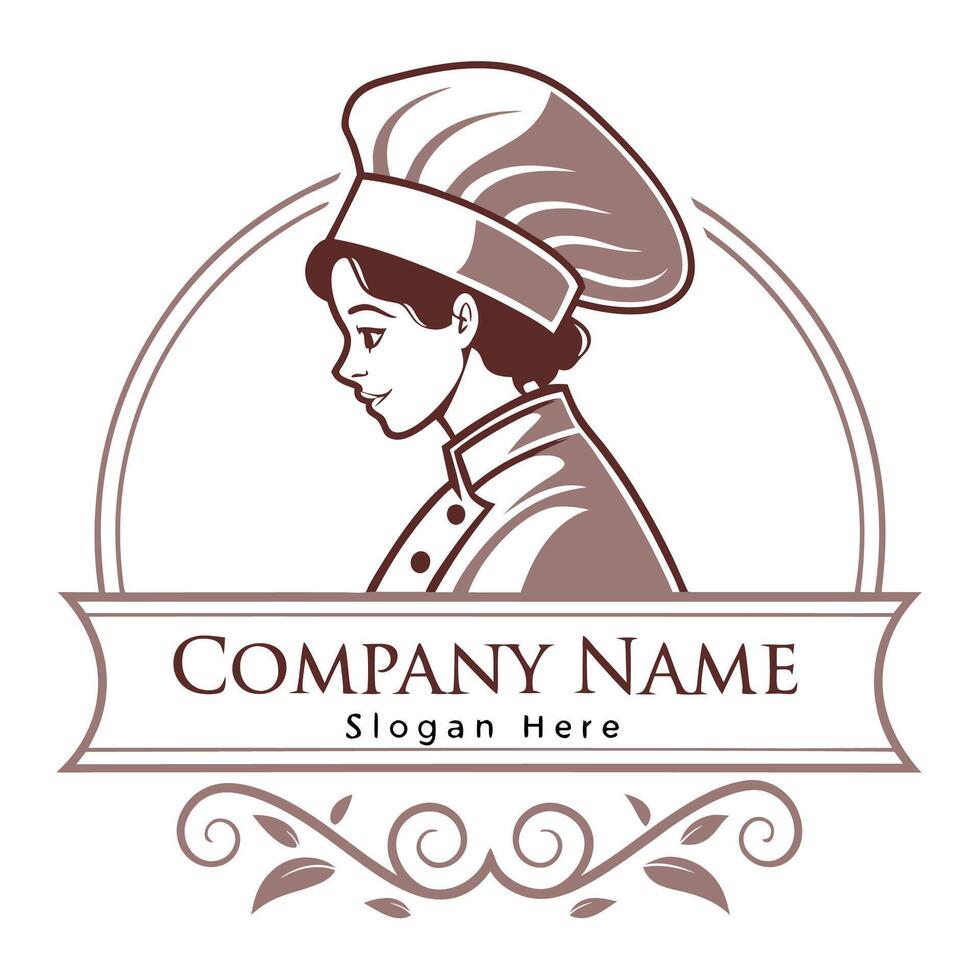 a logo for a bakery or cafe with a woman in a chef hat white background vector