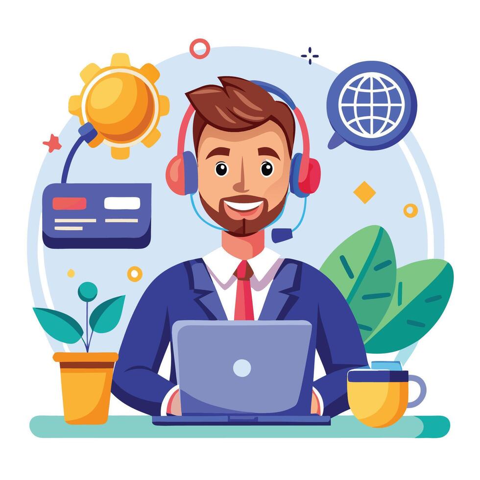a man in a suit is working on a laptop with headphones white background vector
