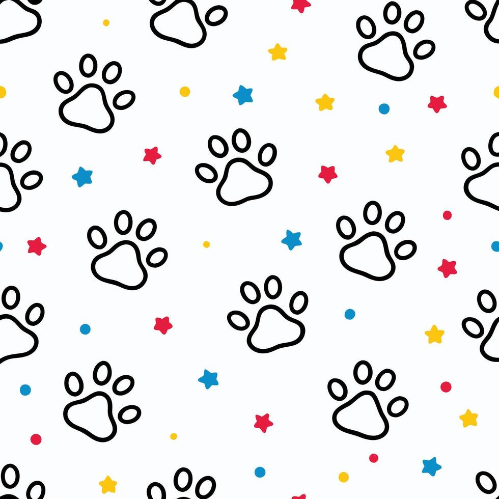 seamless pattern with paw prints stars white background vector