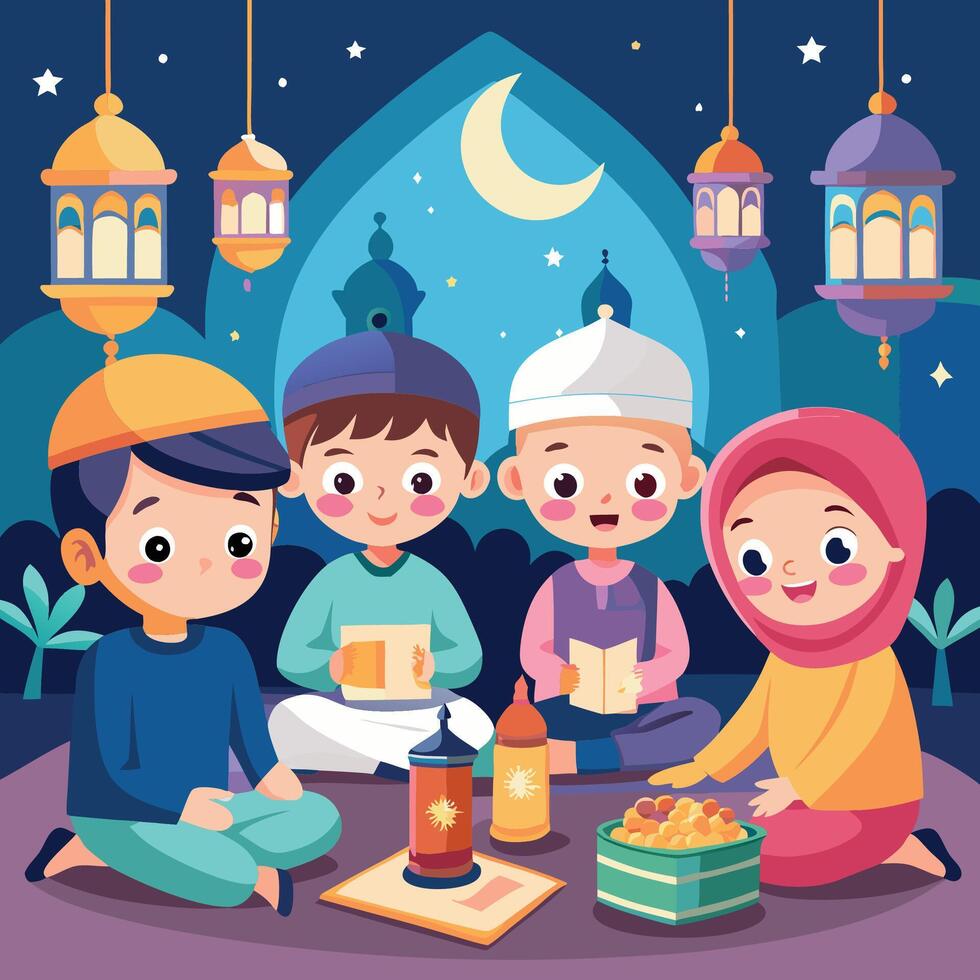 islamic kids are sitting around a table with lanterns and cand white backgroundles vector
