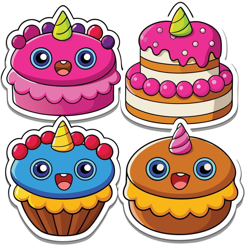 four cute cake stickers with unicorn horns white background vector