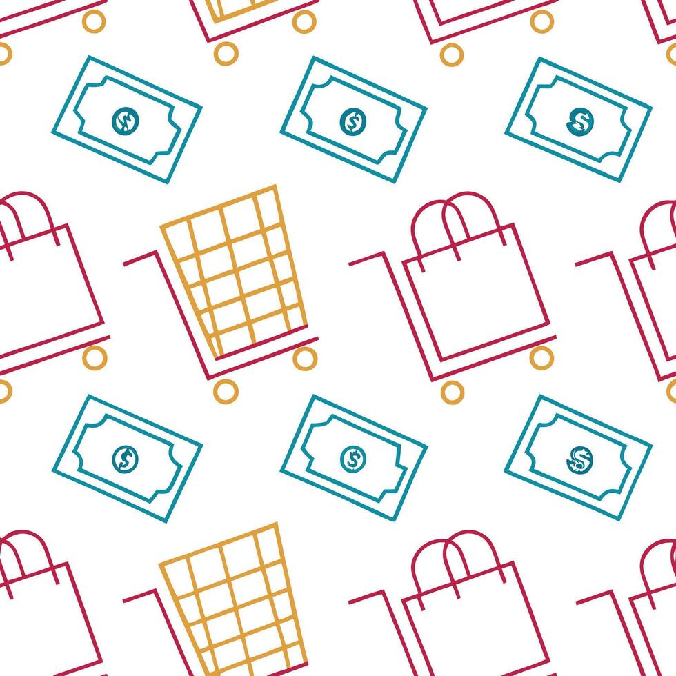 shopping cart and money seamless pattern white background vector