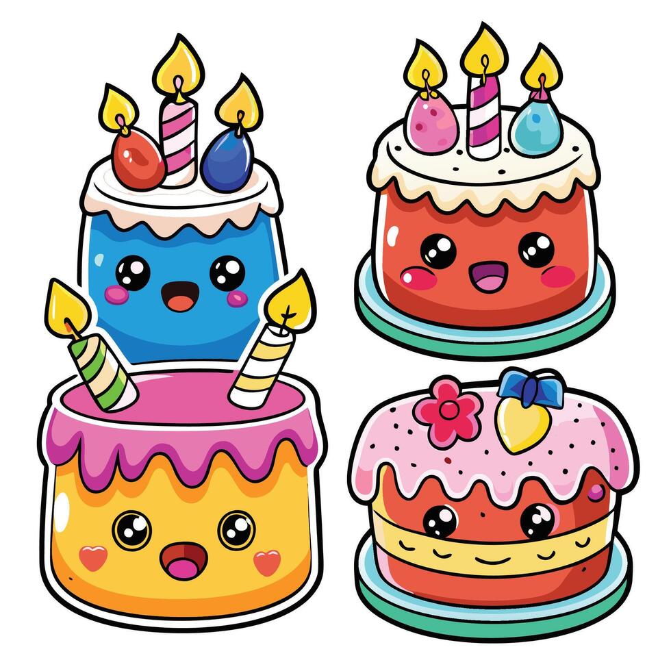 four different birthday cakes with candles white background vector