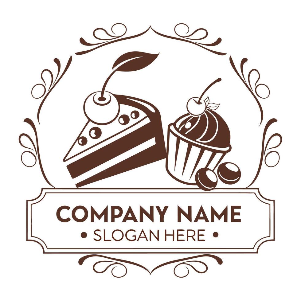 a logo for a bakery or cafe with a piece of cake and a cherry white background vector