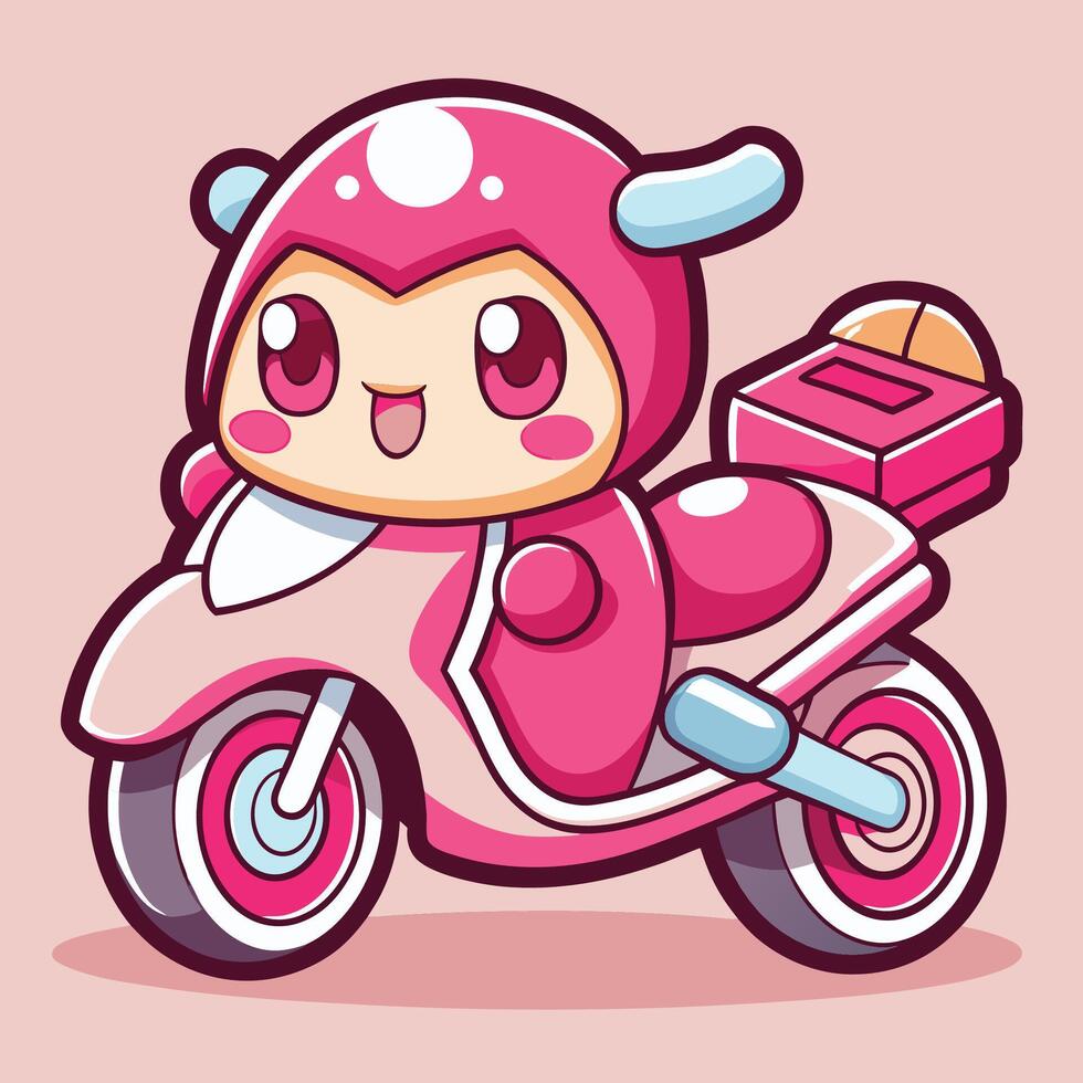 a cartoon pink motorcycle with a pink helmet white background vector