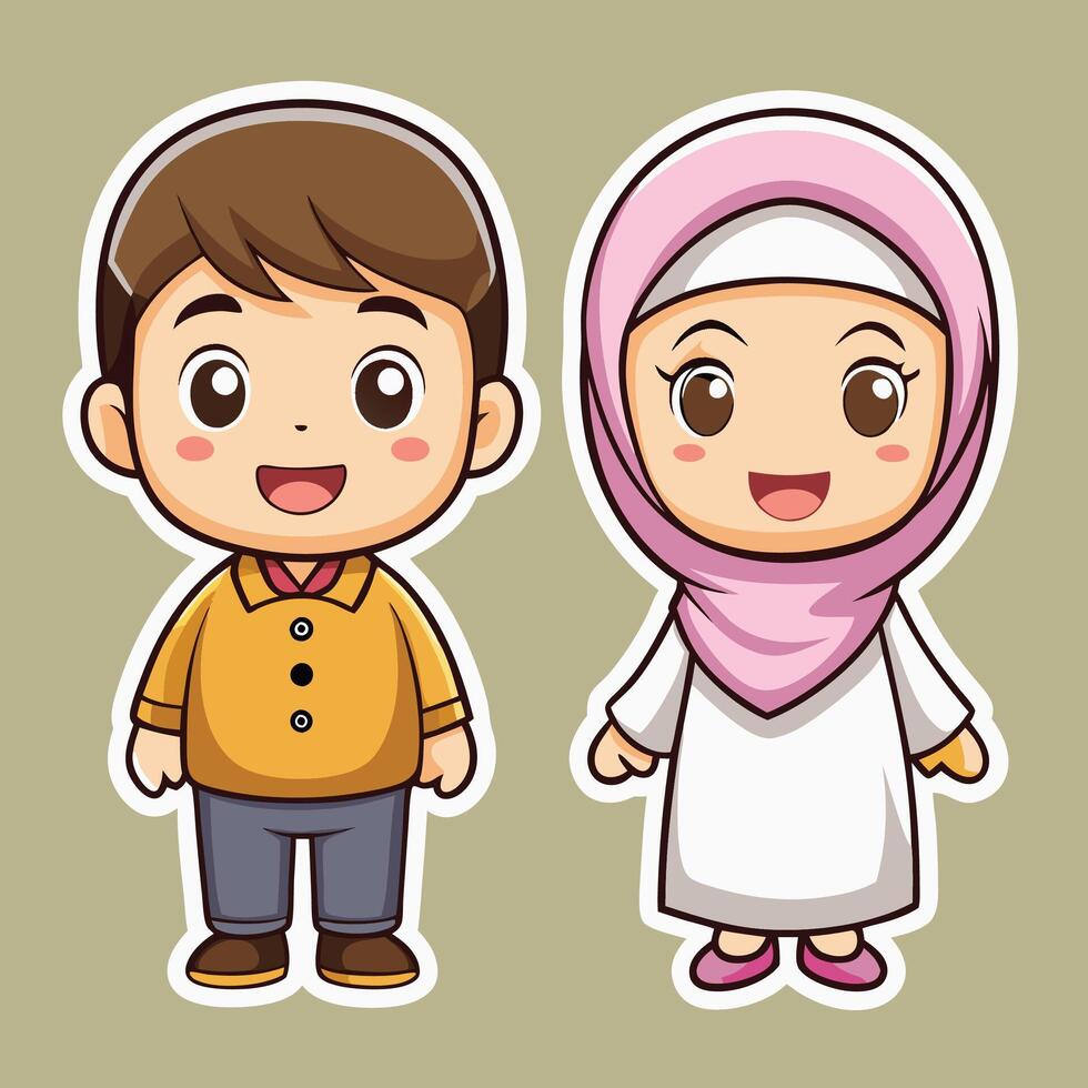 cartoon muslim couple, one wearing a headscarf and the ot white backgroundher wearing a pink head vector