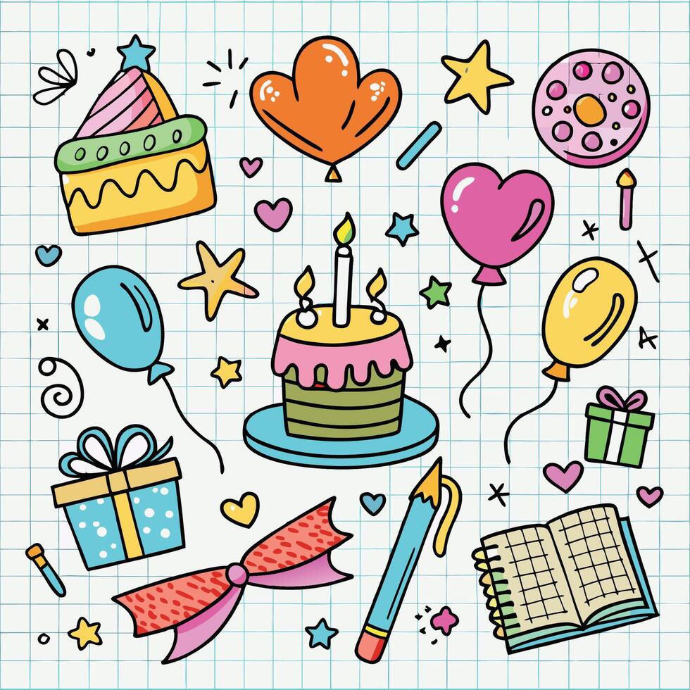 birthday party doodle set with balloons, cake, book, balloon white backgrounds, balloons, book vector