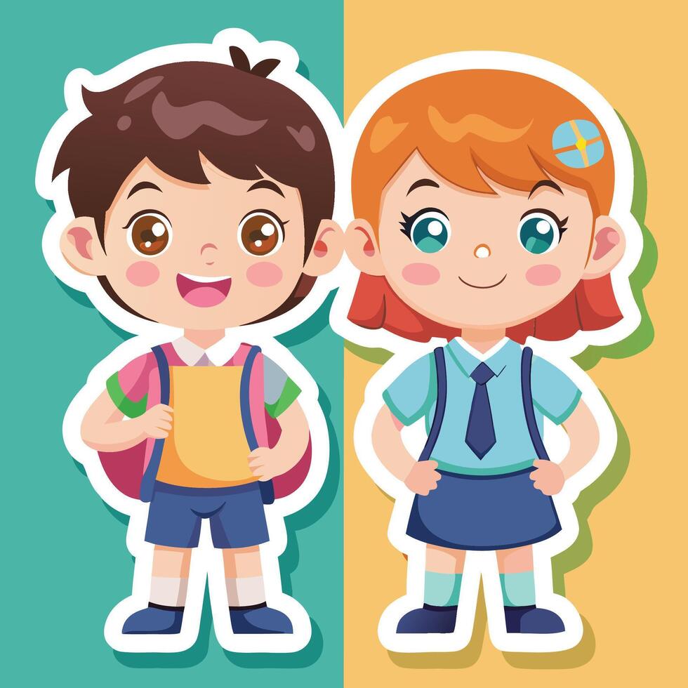 two children in school standing next to each other white background vector