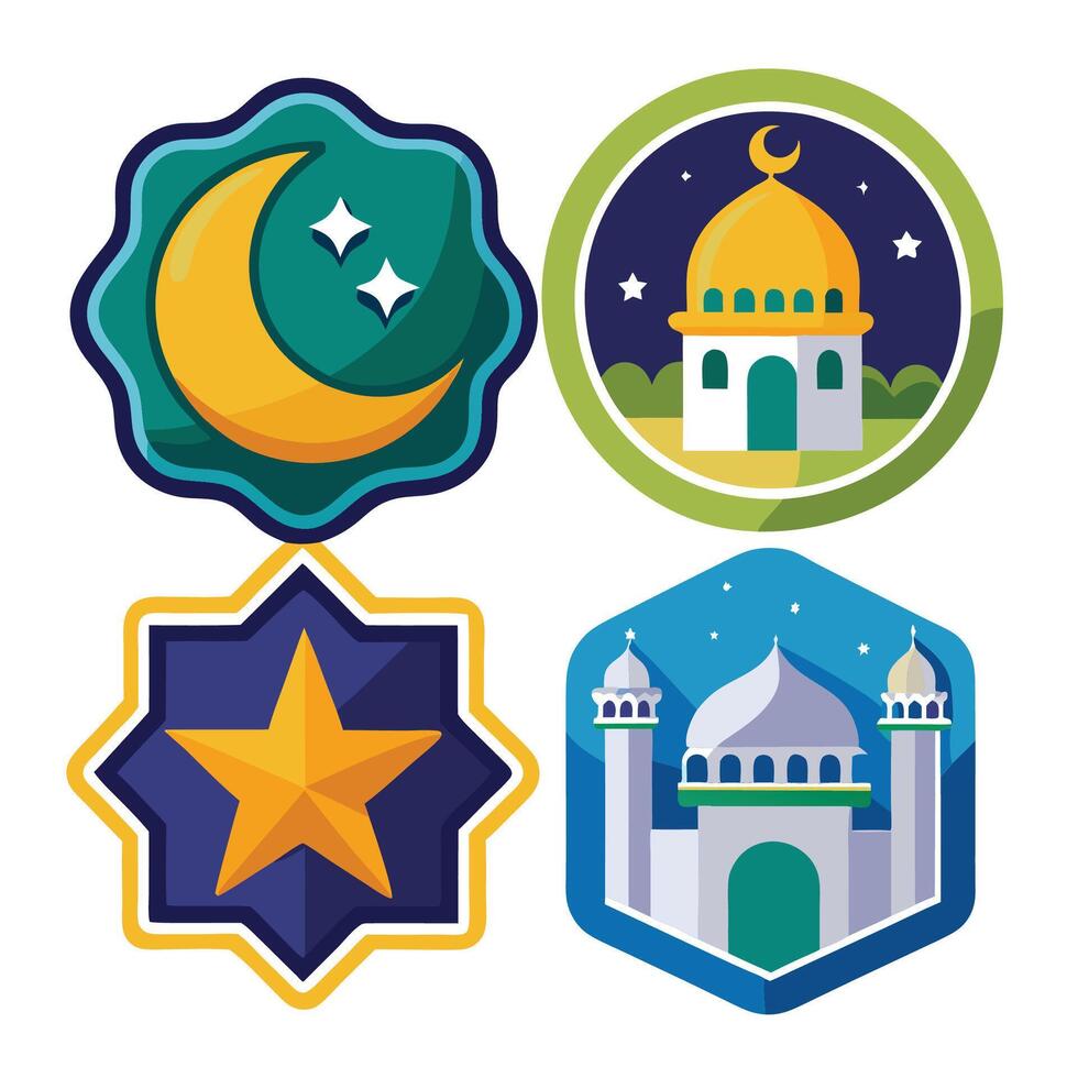 four different islamic symbols, including a mosque, star and crescent vector