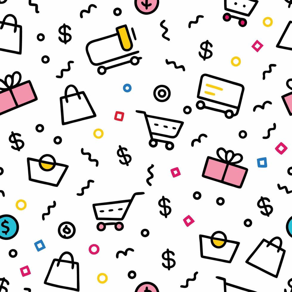 shopping seamless pattern with shopping bags, shopping ca white backgroundrt, and other items vector