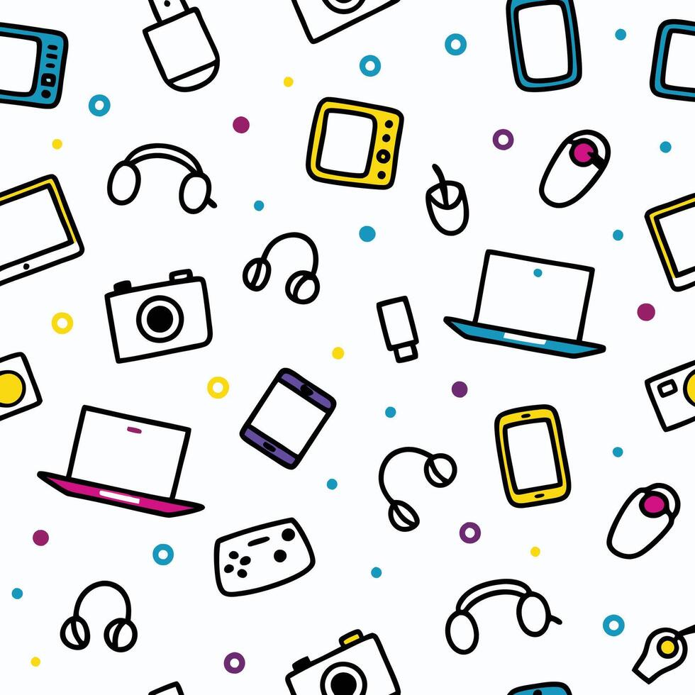 seamless pattern of electronic devices and accessories white background vector