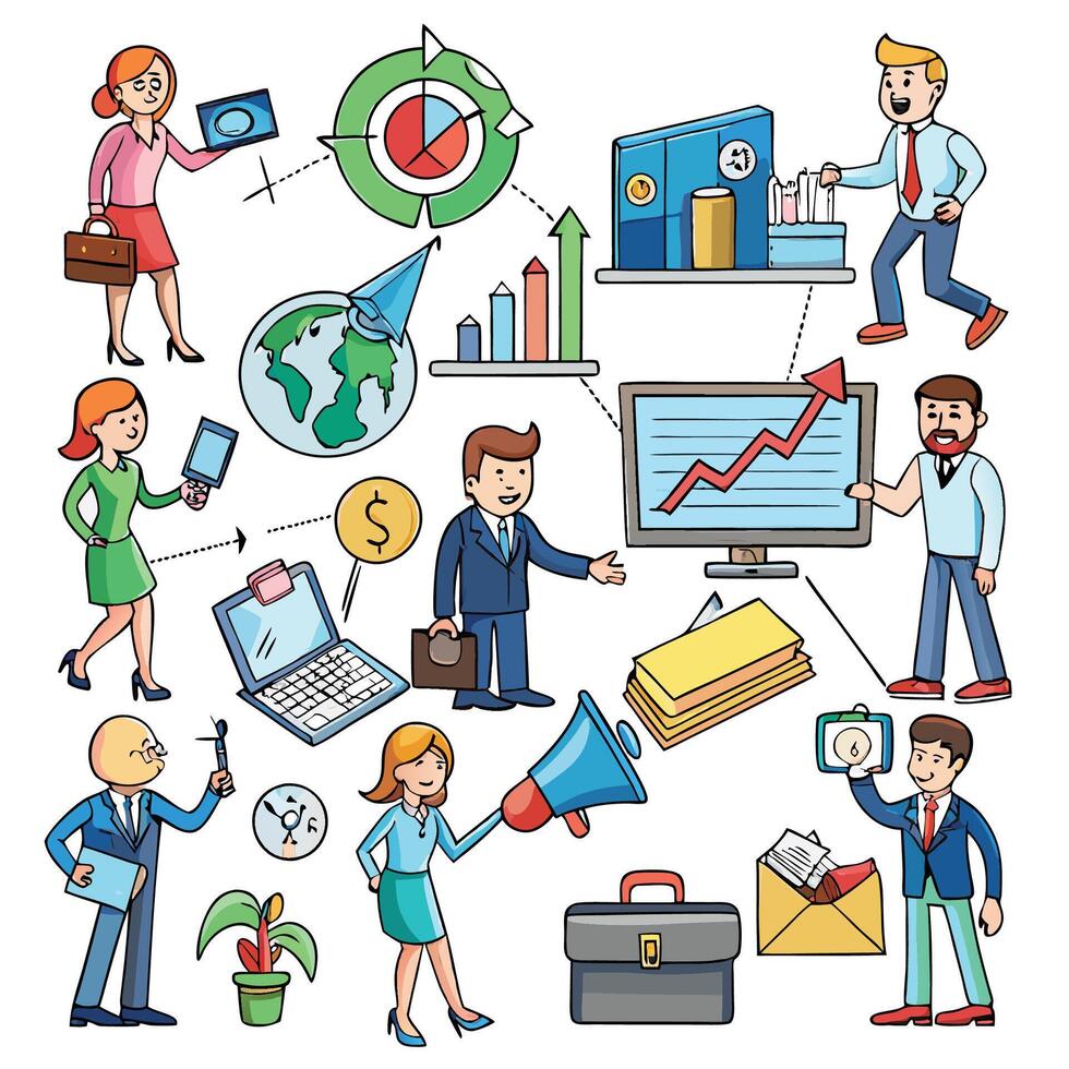 business people and business icons set white background vector